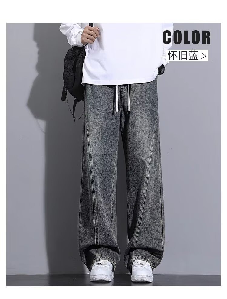 Seluar Jeans Kaki Lurus Lelaki, Seluar Denim Kasual Longgar Tebal untuk Musim Gugur Musim Sejuk