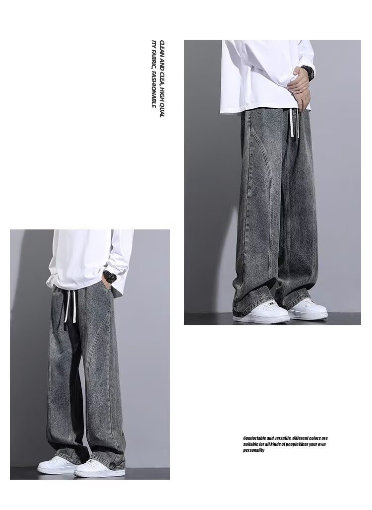 Seluar Jeans Kaki Lurus Lelaki, Seluar Denim Kasual Longgar Tebal untuk Musim Gugur Musim Sejuk