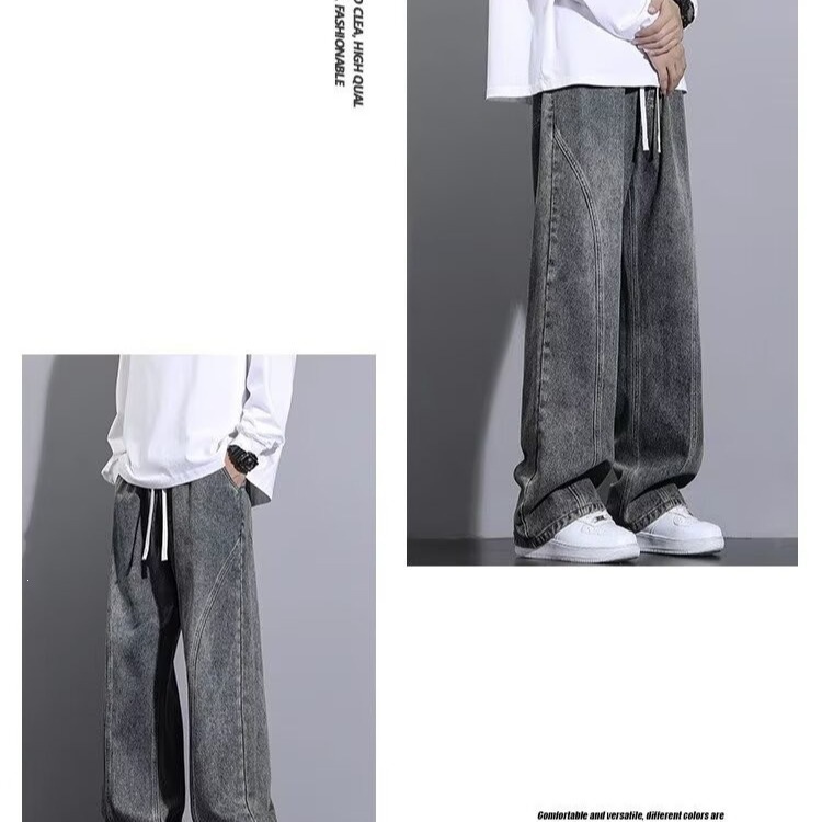 Seluar Jeans Kaki Lurus Lelaki, Seluar Denim Kasual Longgar Tebal untuk Musim Gugur Musim Sejuk