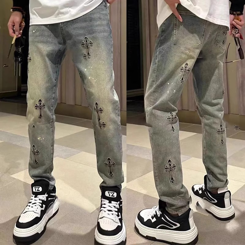 Men's Loose Straight-Leg Jeans with Embroidery, Blue Denim Casual Pants