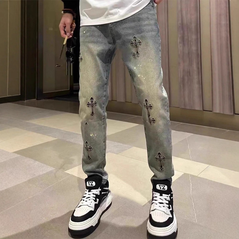 Men's Loose Straight-Leg Jeans with Embroidery, Blue Denim Casual Pants