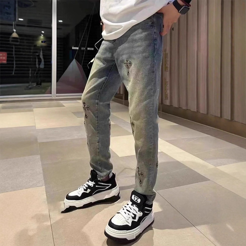 Men's Loose Straight-Leg Jeans with Embroidery, Blue Denim Casual Pants