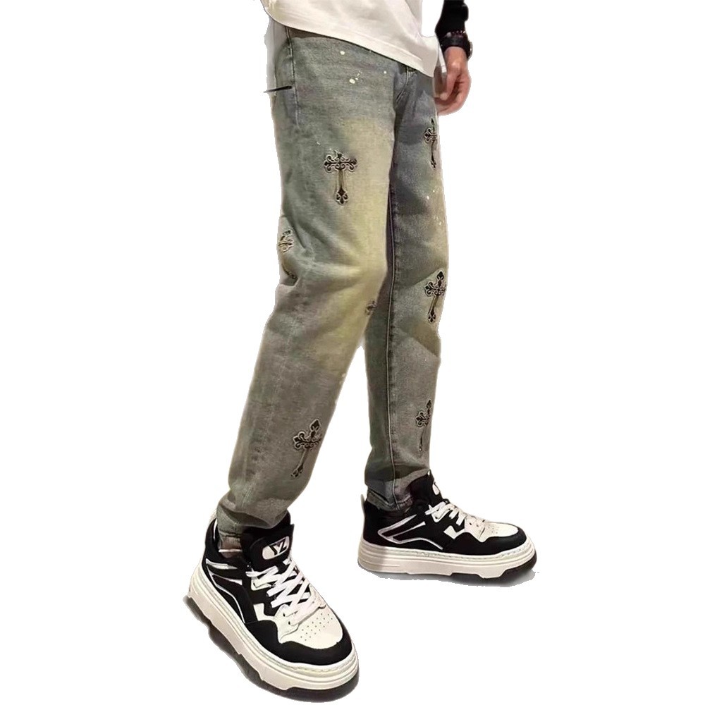 Men's Loose Straight-Leg Jeans with Embroidery, Blue Denim Casual Pants