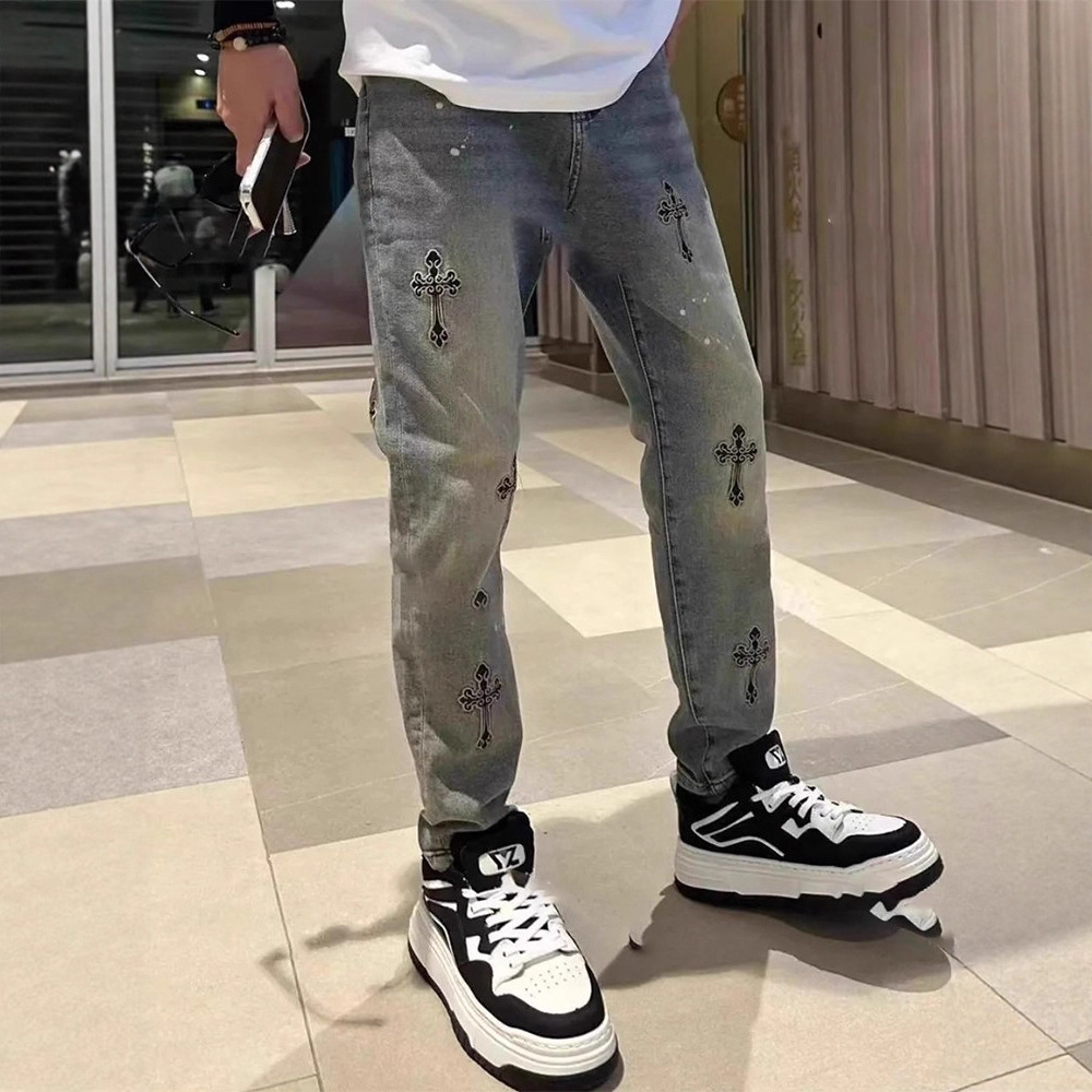 Men's Loose Straight-Leg Jeans with Embroidery, Blue Denim Casual Pants