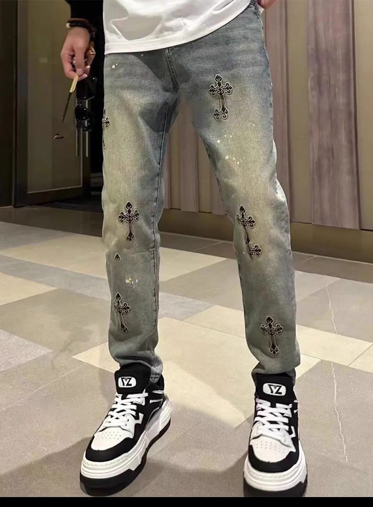 Men's Loose Straight-Leg Jeans with Embroidery, Blue Denim Casual Pants