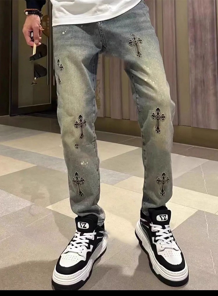 Men's Loose Straight-Leg Jeans with Embroidery, Blue Denim Casual Pants