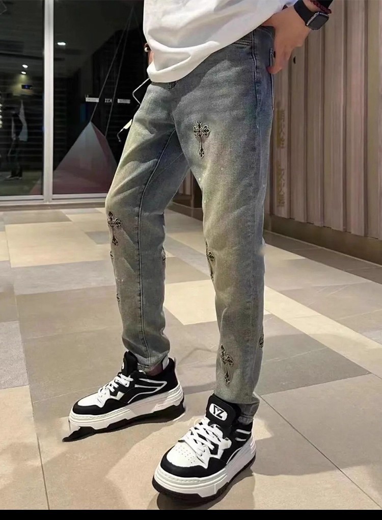 Men's Loose Straight-Leg Jeans with Embroidery, Blue Denim Casual Pants