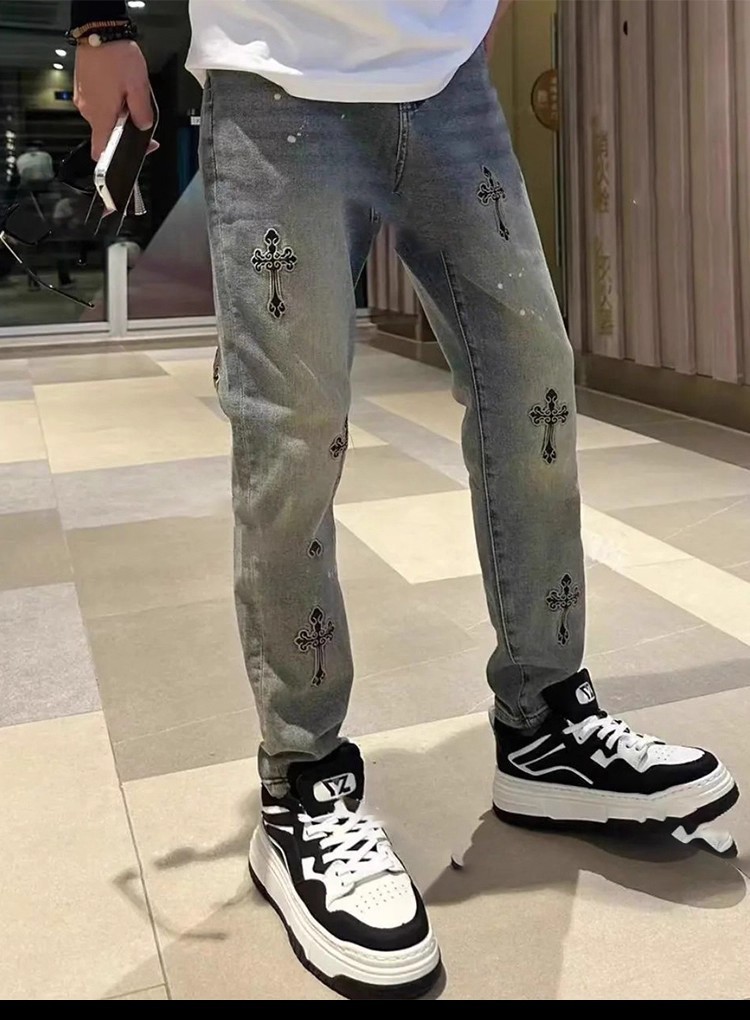 Men's Loose Straight-Leg Jeans with Embroidery, Blue Denim Casual Pants