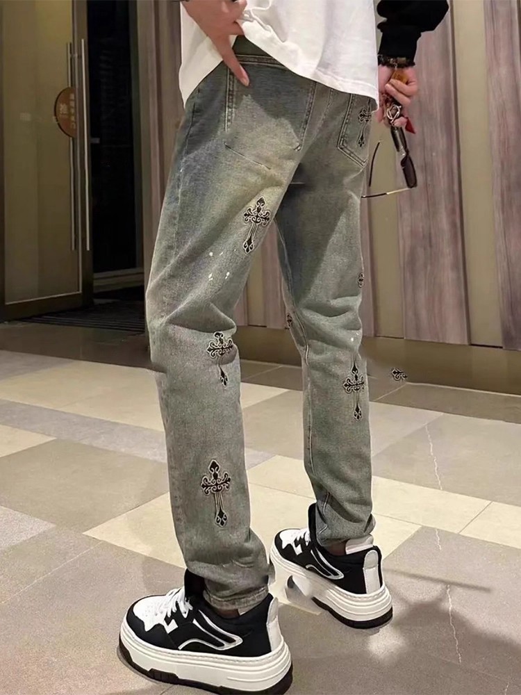 Men's Loose Straight-Leg Jeans with Embroidery, Blue Denim Casual Pants