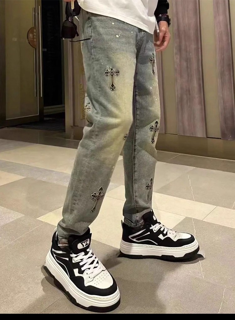 Men's Loose Straight-Leg Jeans with Embroidery, Blue Denim Casual Pants