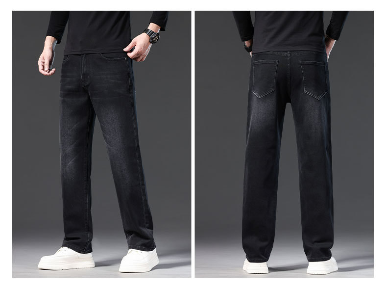Men's Loose Fit Cotton Stretch Straight Leg Jeans, Casual Multi-Pocket Denim Pants for Fall