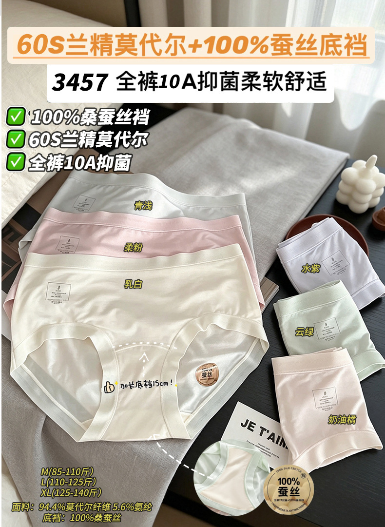Women's Modal Underwear with 100% Silk Crotch, Breathable Antibacterial Seamless Briefs