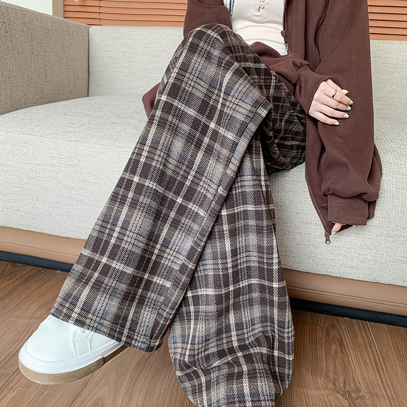Women Plaid Wide Leg Pants High Waist Straight Loose Casual Trousers for Spring Autumn Winter