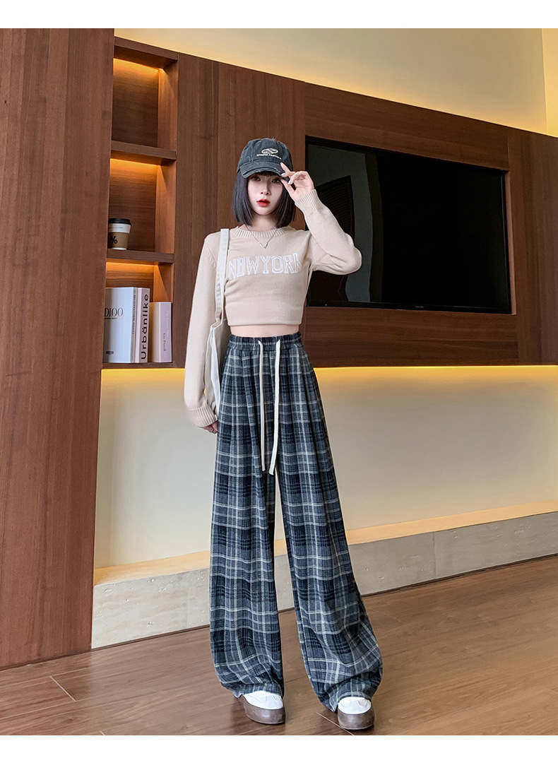Quần ống rộng kẻ sọc dành cho phụ nữ, eo cao, dáng thẳng, thoải mái, phù hợp mặc vào mùa xuân, mùa thu và mùa đông