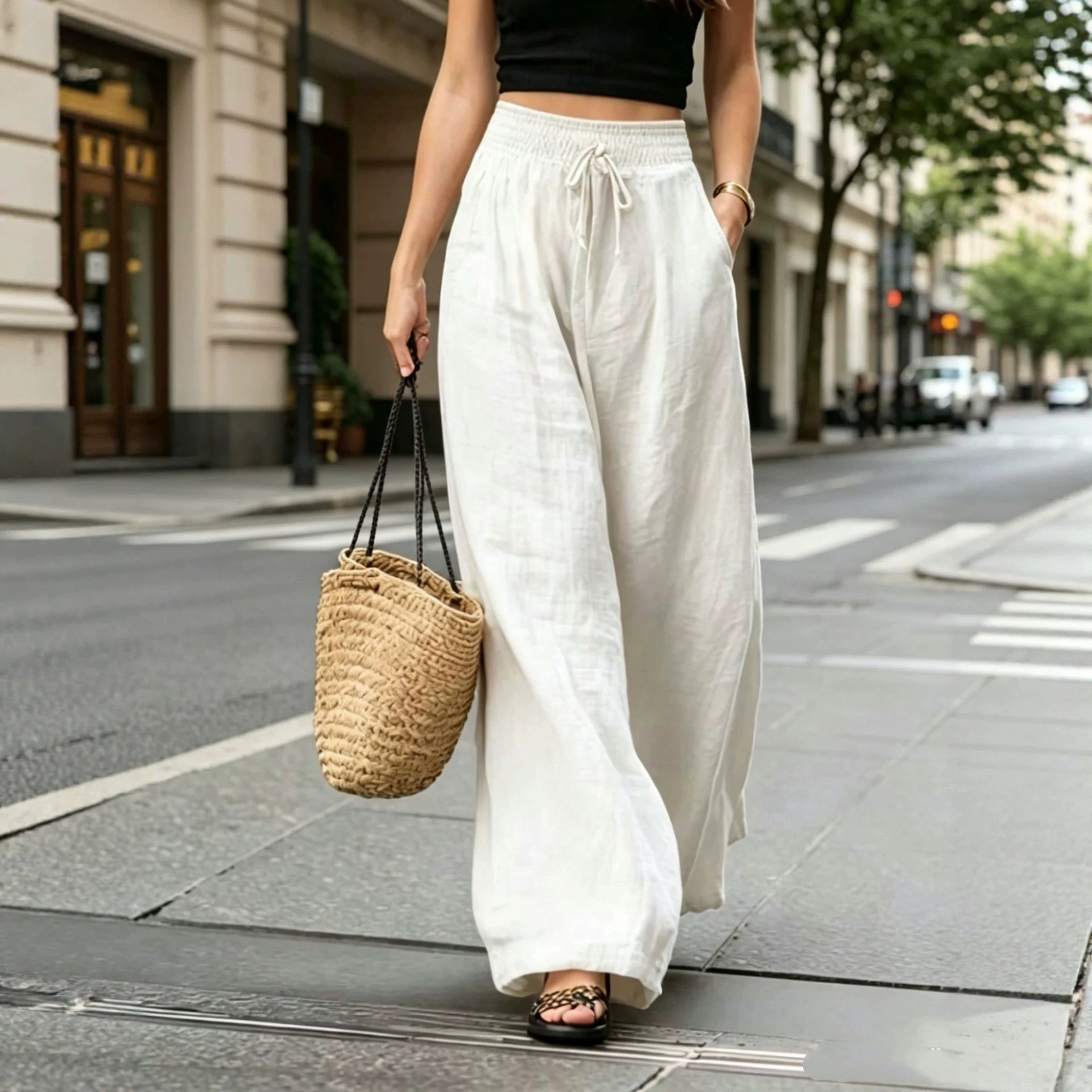Women's Summer High Waist Wide Leg Casual Pants, Loose Straight Polyester Trousers