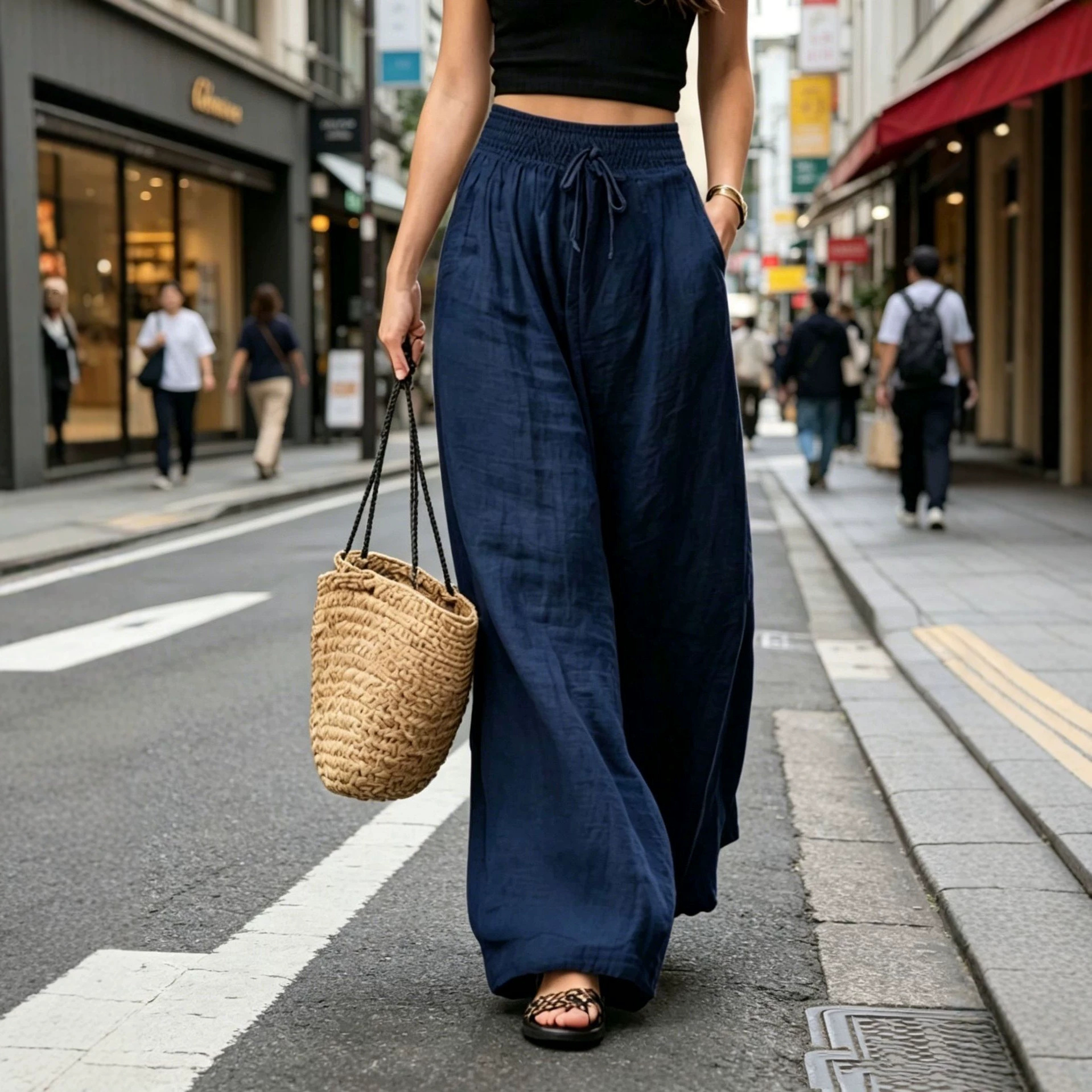 Women's Summer High Waist Wide Leg Casual Pants, Loose Straight Polyester Trousers