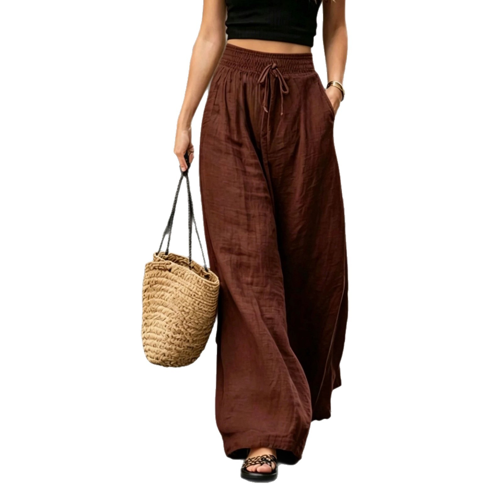 Women's Summer High Waist Wide Leg Casual Pants, Loose Straight Polyester Trousers