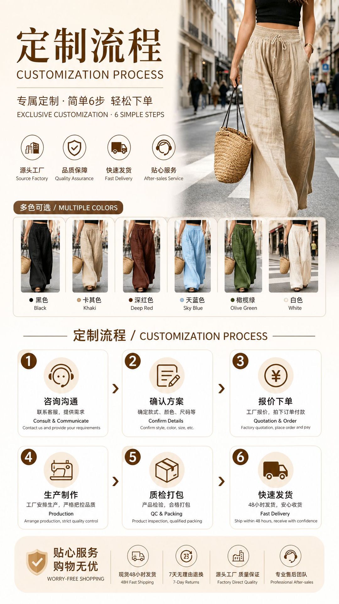 Women's Summer High Waist Wide Leg Casual Pants, Loose Straight Polyester Trousers
