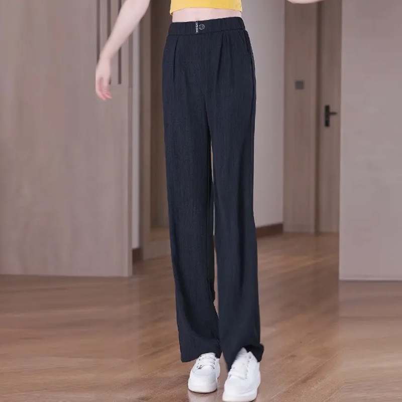 Women High Waist Straight Leg Ice Silk Pants, Lightweight Polyester Casual Trousers for Summer