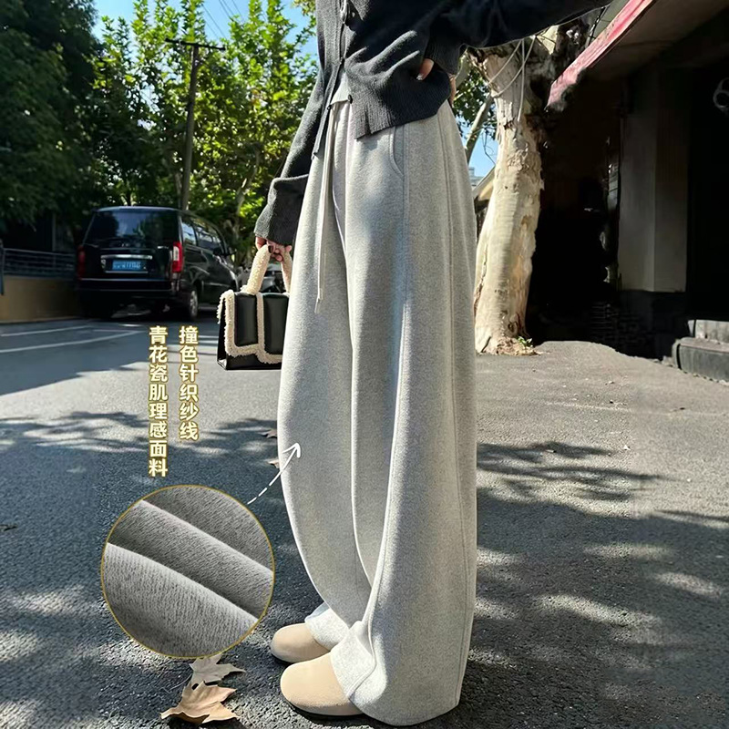 Women Fleece Lined Wide Leg Pants High Waist Loose Knit Sweatpants for Fall Winter