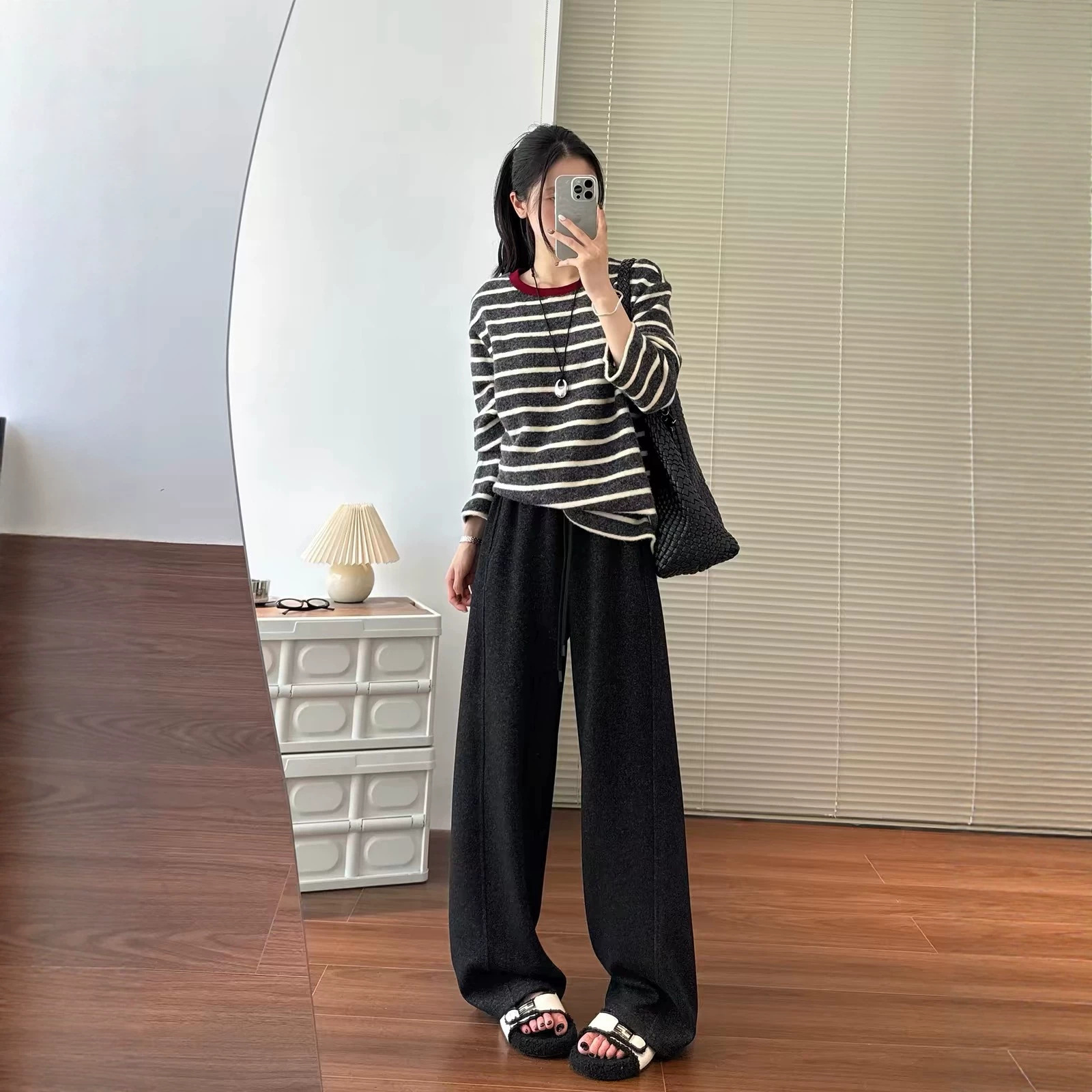 Women Fleece Lined Wide Leg Pants High Waist Loose Knit Sweatpants for Fall Winter