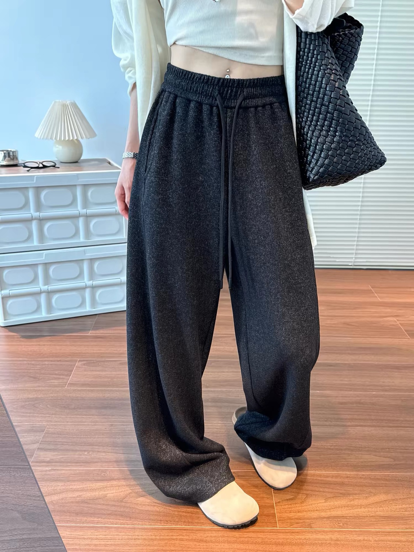 Women Fleece Lined Wide Leg Pants High Waist Loose Knit Sweatpants for Fall Winter