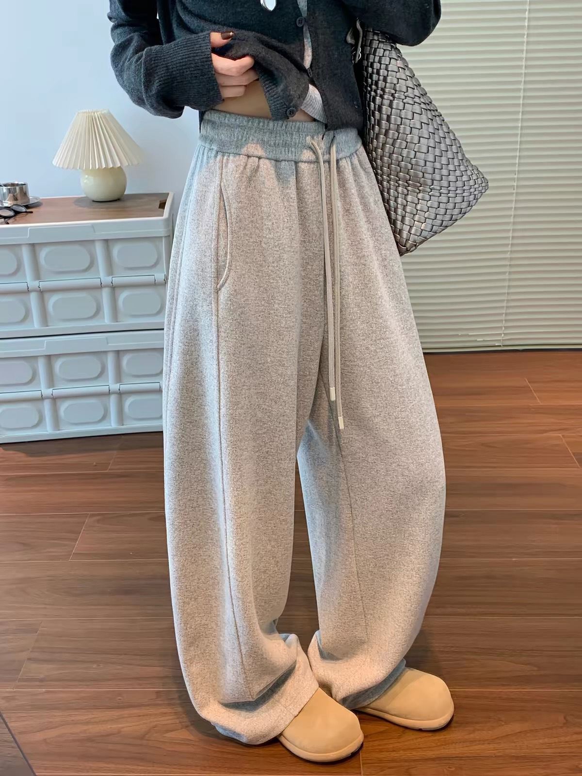 Women Fleece Lined Wide Leg Pants High Waist Loose Knit Sweatpants for Fall Winter