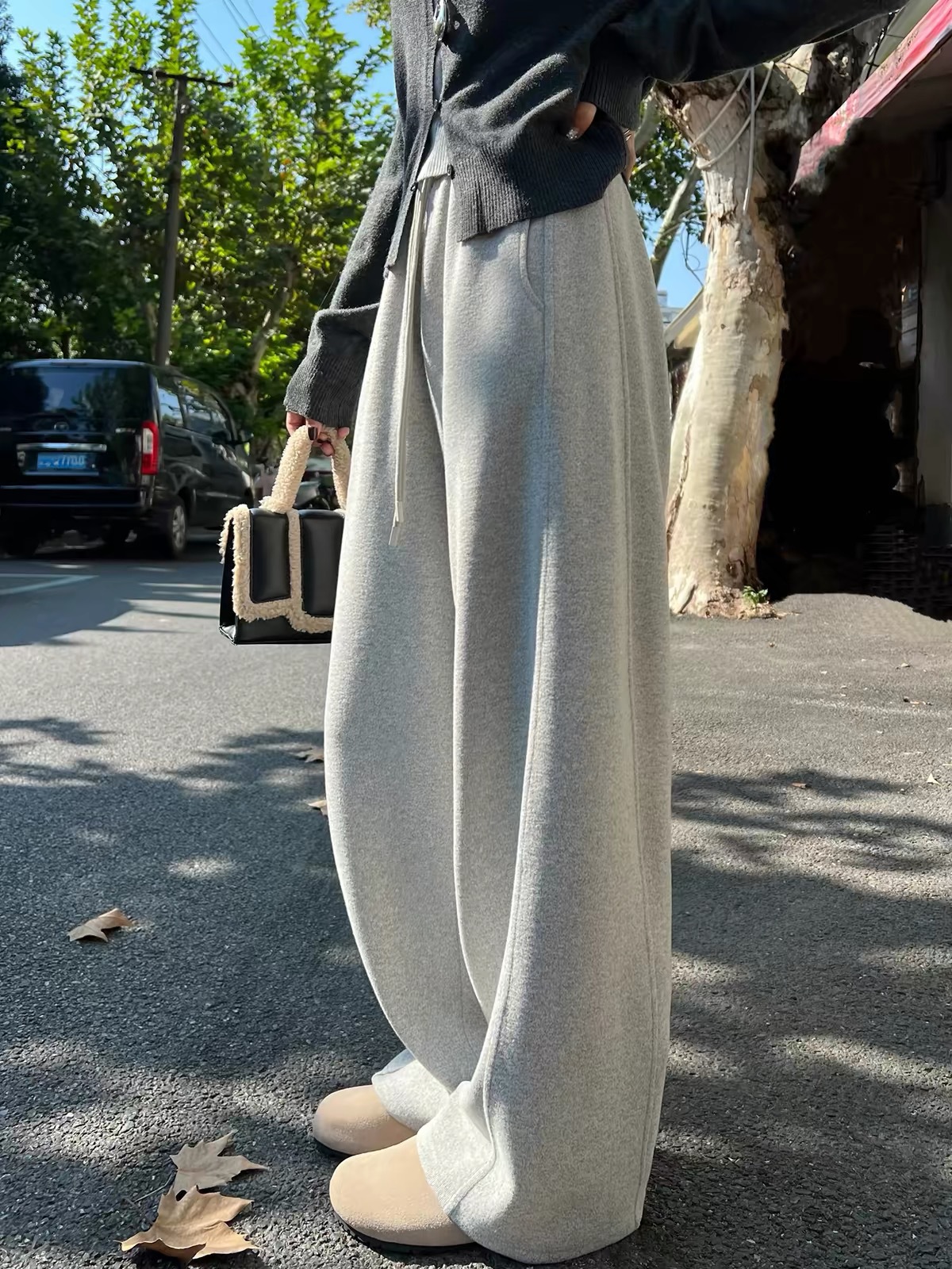 Women Fleece Lined Wide Leg Pants High Waist Loose Knit Sweatpants for Fall Winter