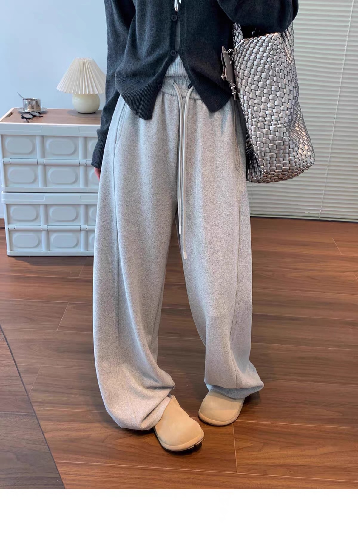 Women Fleece Lined Wide Leg Pants High Waist Loose Knit Sweatpants for Fall Winter
