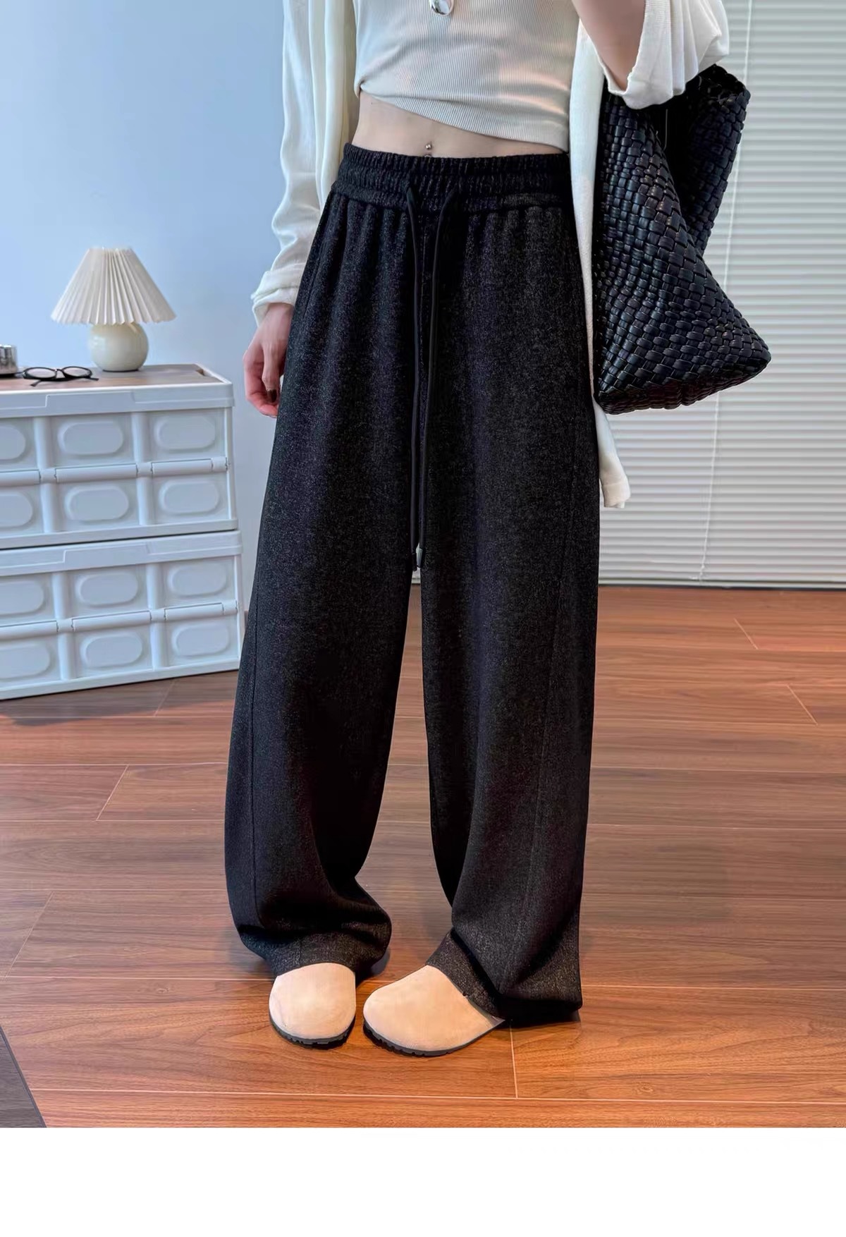Women Fleece Lined Wide Leg Pants High Waist Loose Knit Sweatpants for Fall Winter