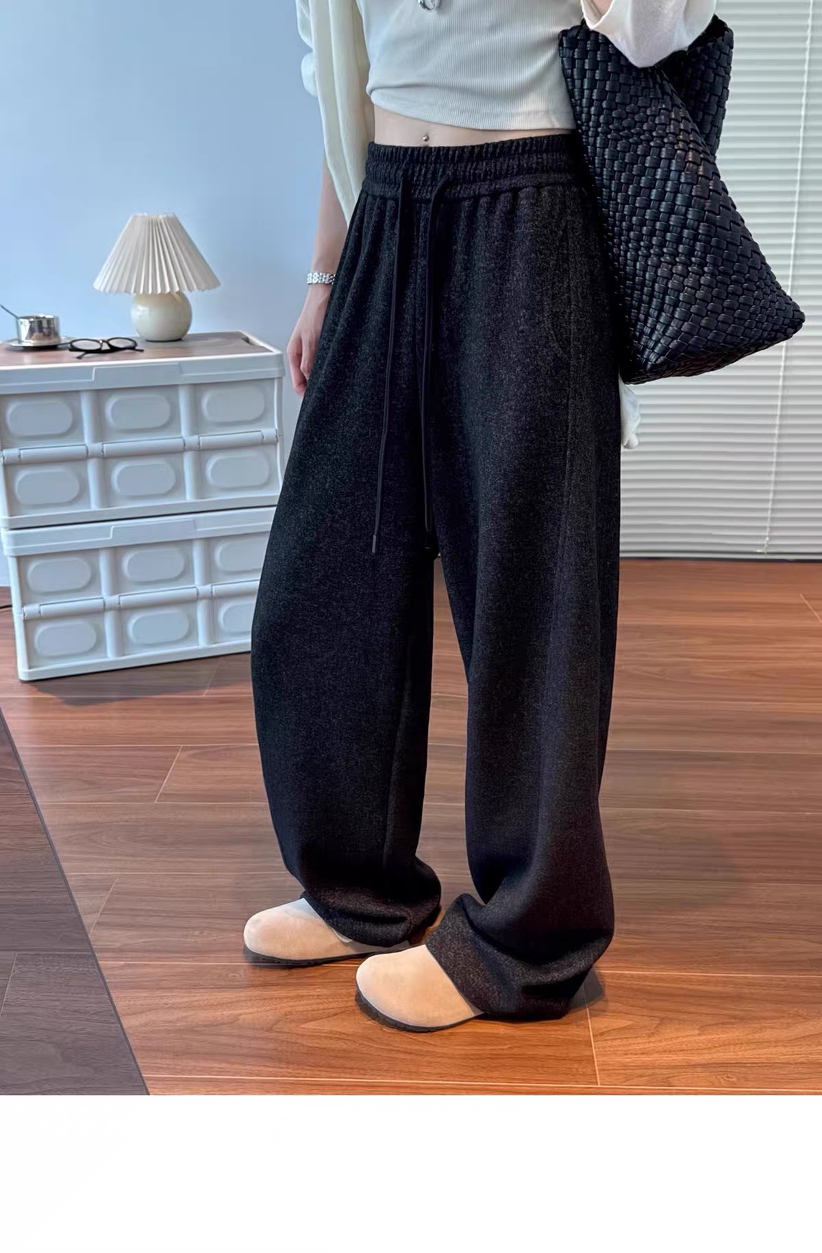 Women Fleece Lined Wide Leg Pants High Waist Loose Knit Sweatpants for Fall Winter