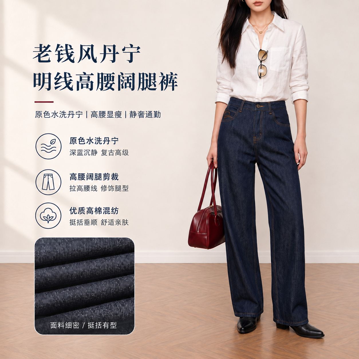 Yuxene High Waist Wide Leg Denim Pants for Women, Raw Denim Commute Trousers KN006