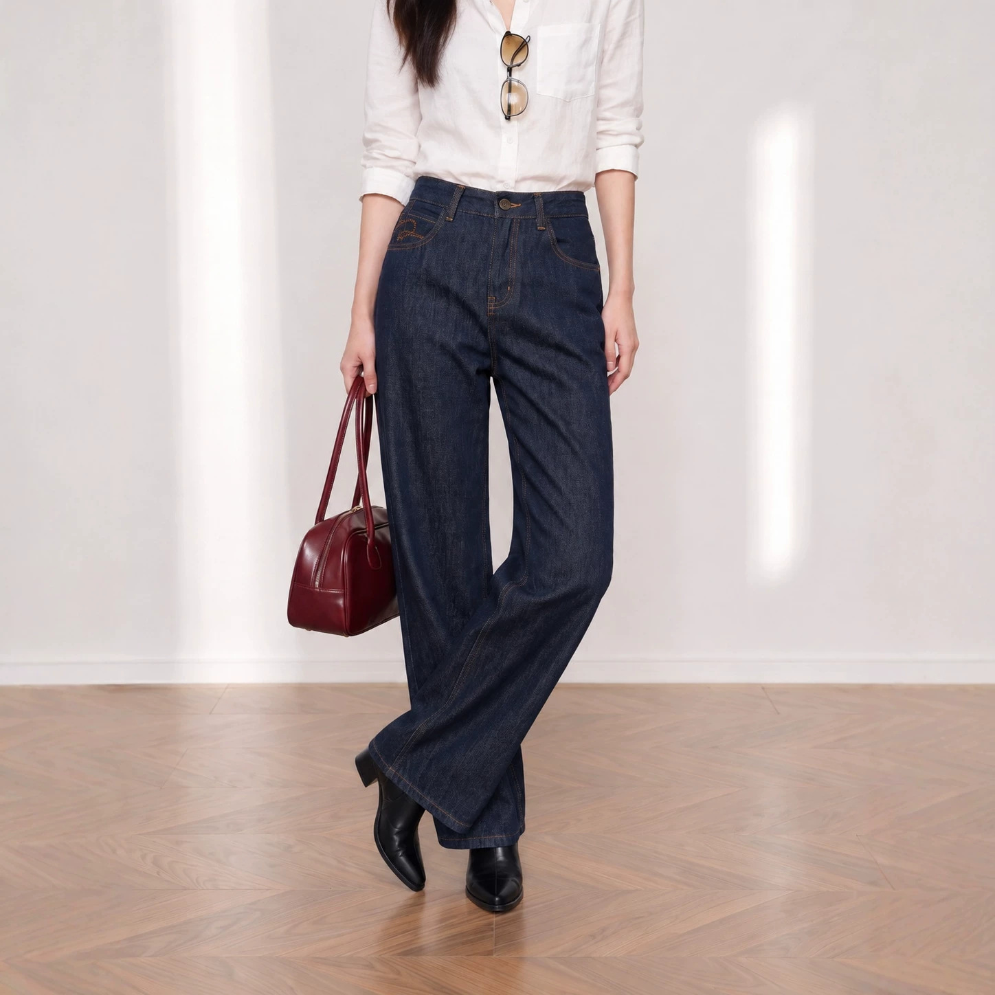 Yuxene High Waist Wide Leg Denim Pants for Women, Raw Denim Commute Trousers KN006
