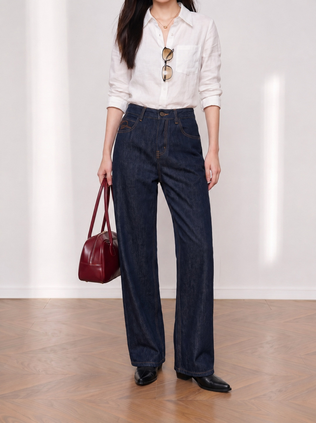 Yuxene High Waist Wide Leg Denim Pants for Women, Raw Denim Commute Trousers KN006