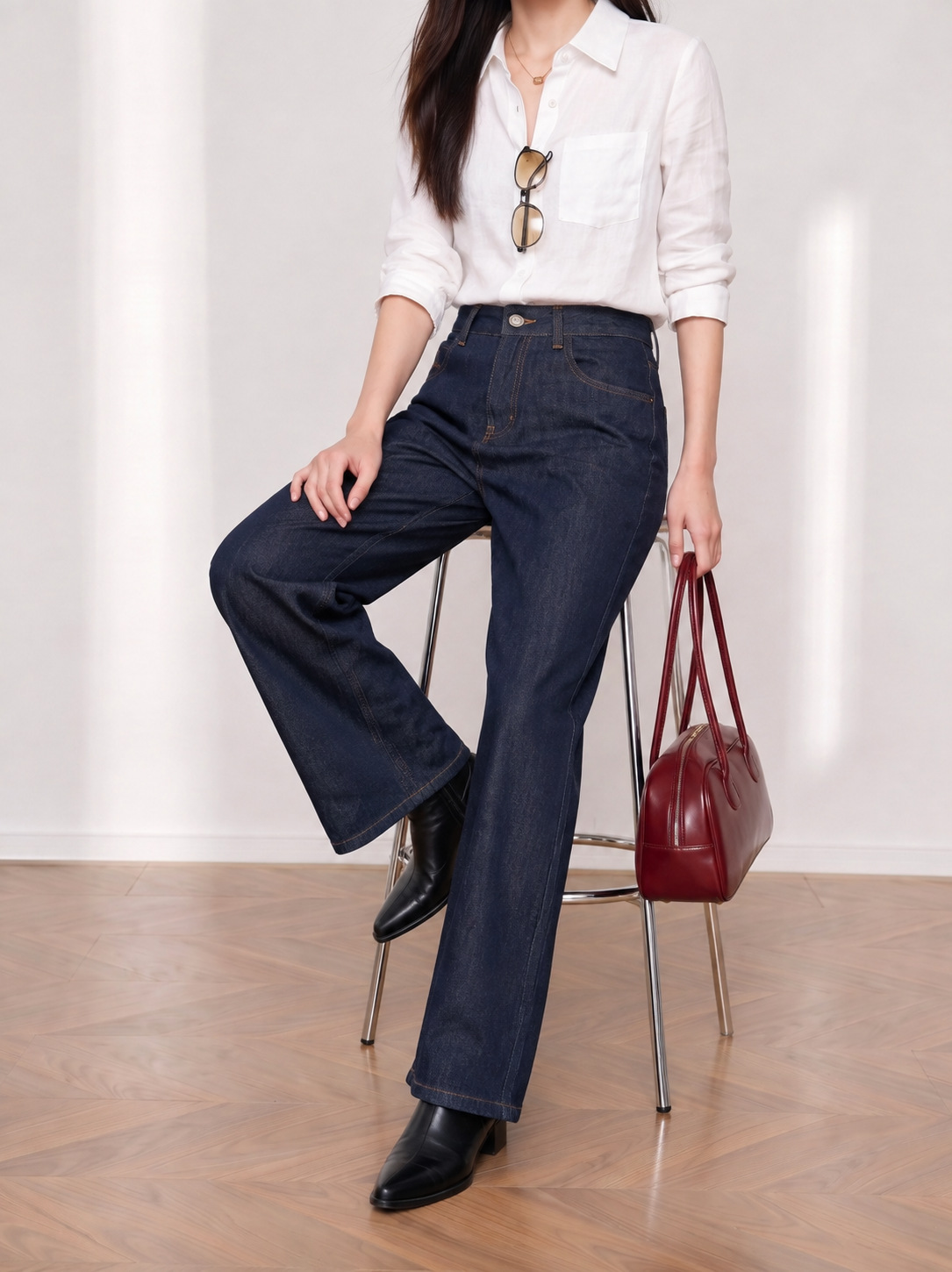 Yuxene High Waist Wide Leg Denim Pants for Women, Raw Denim Commute Trousers KN006