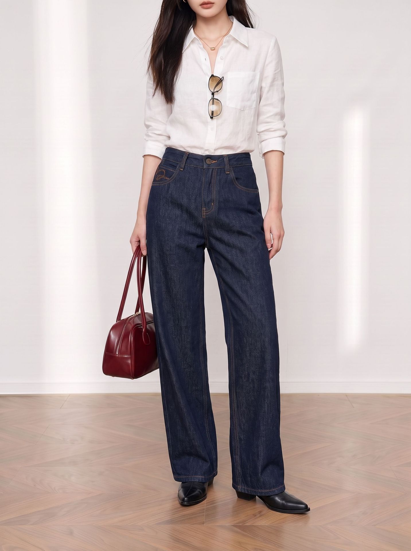 Yuxene High Waist Wide Leg Denim Pants for Women, Raw Denim Commute Trousers KN006