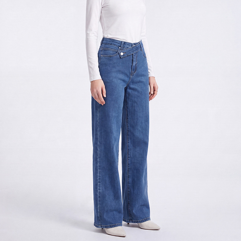 Women's Wide Leg Straight Jeans High Waist Stretch Denim Pants Blue