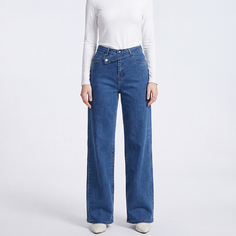 Women's Wide Leg Straight Jeans High Waist Stretch Denim Pants Blue