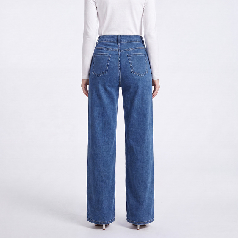 Women's Wide Leg Straight Jeans High Waist Stretch Denim Pants Blue