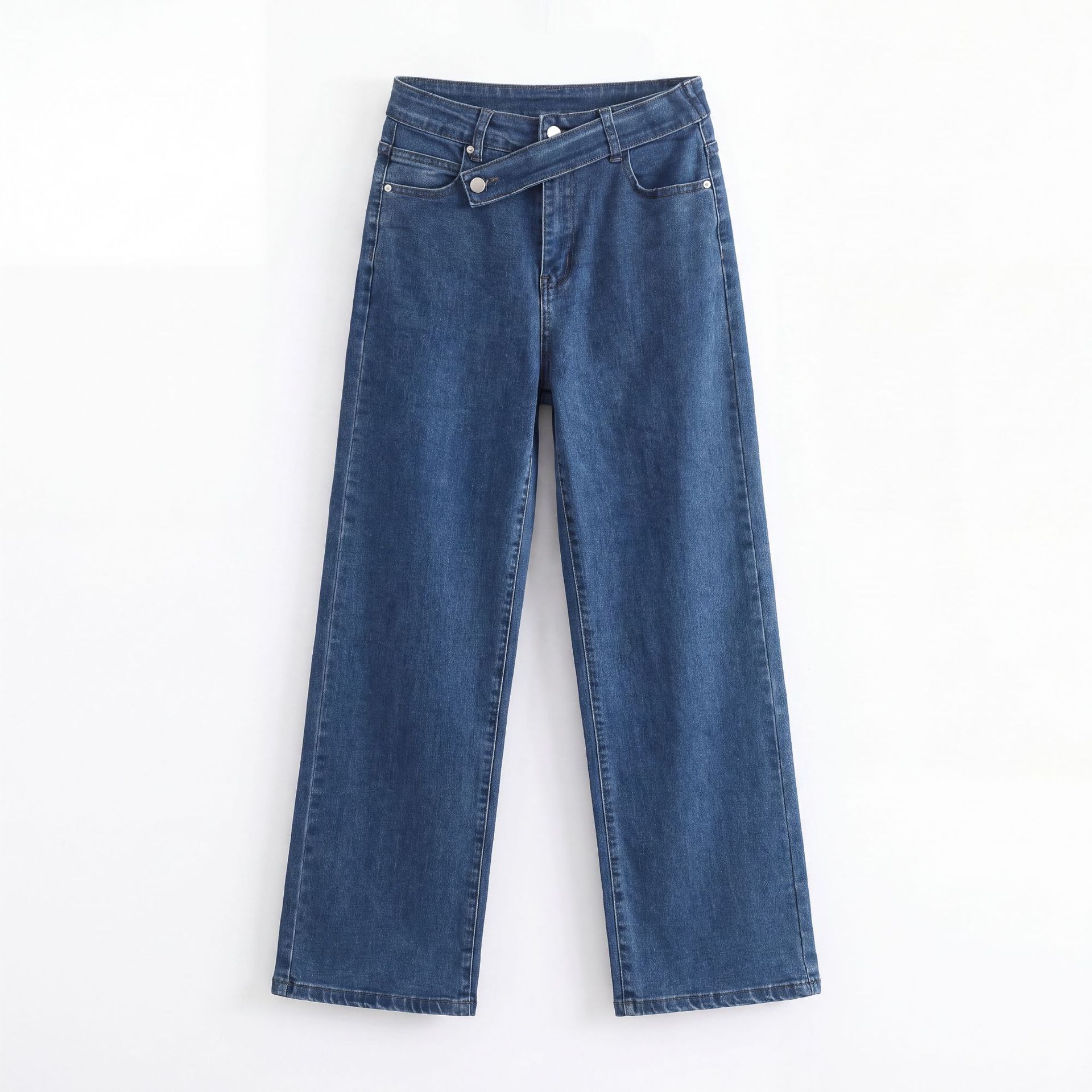 Women's Wide Leg Straight Jeans High Waist Stretch Denim Pants Blue