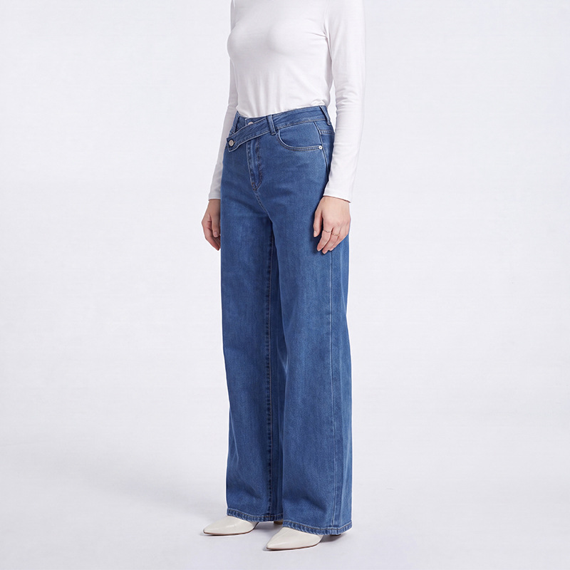 Women's Wide Leg Straight Jeans High Waist Stretch Denim Pants Blue