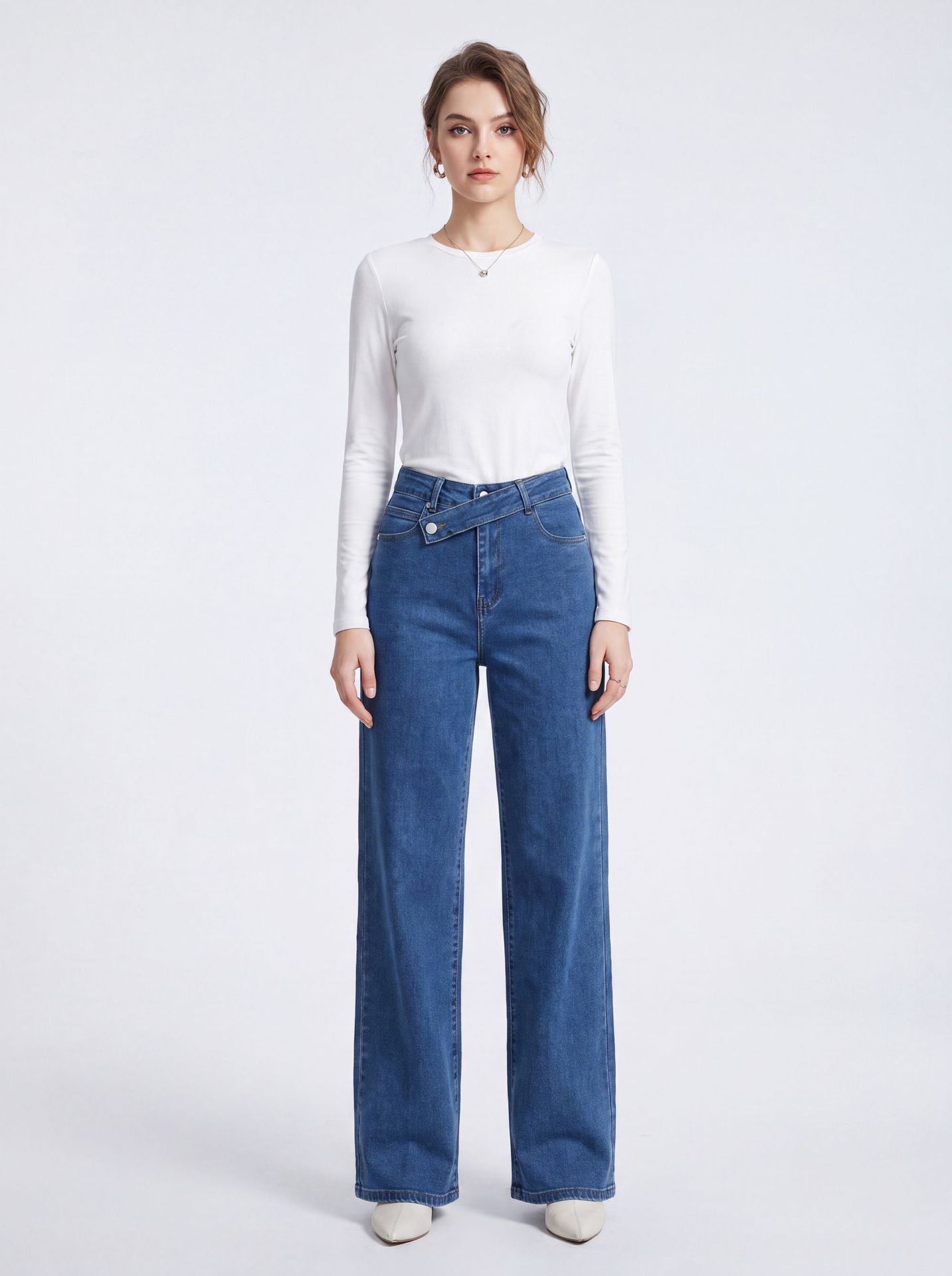 Women's Wide Leg Straight Jeans High Waist Stretch Denim Pants Blue