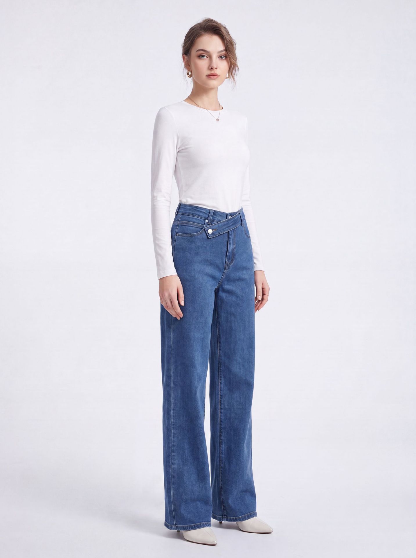 Women's Wide Leg Straight Jeans High Waist Stretch Denim Pants Blue
