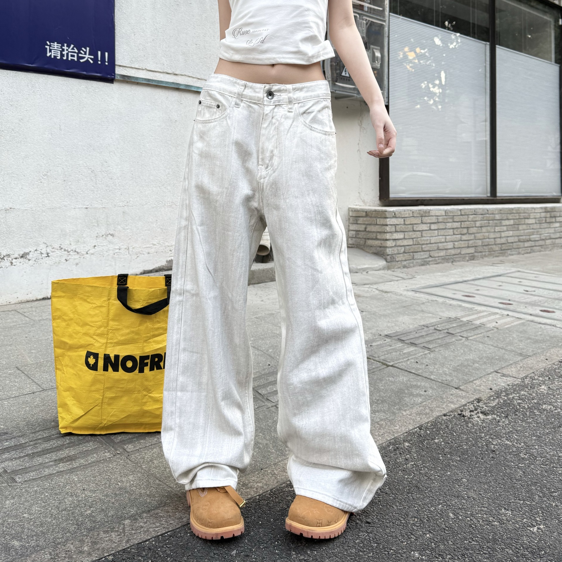 Men's Straight Leg Wide Leg Jeans, Low Waist Cotton Denim Pants for Spring