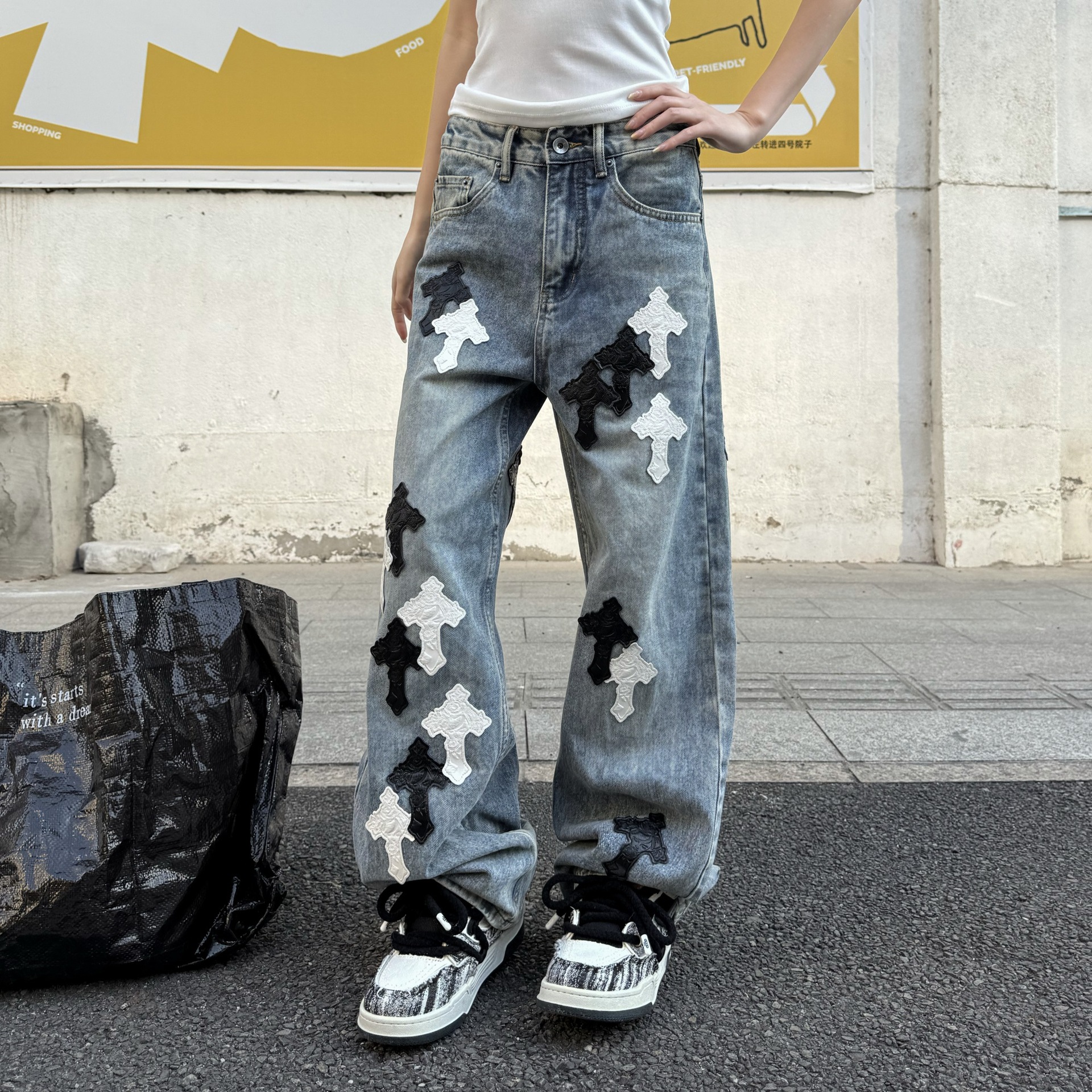 Men's Straight Leg Wide Leg Jeans, Low Waist Cotton Denim Pants for Spring