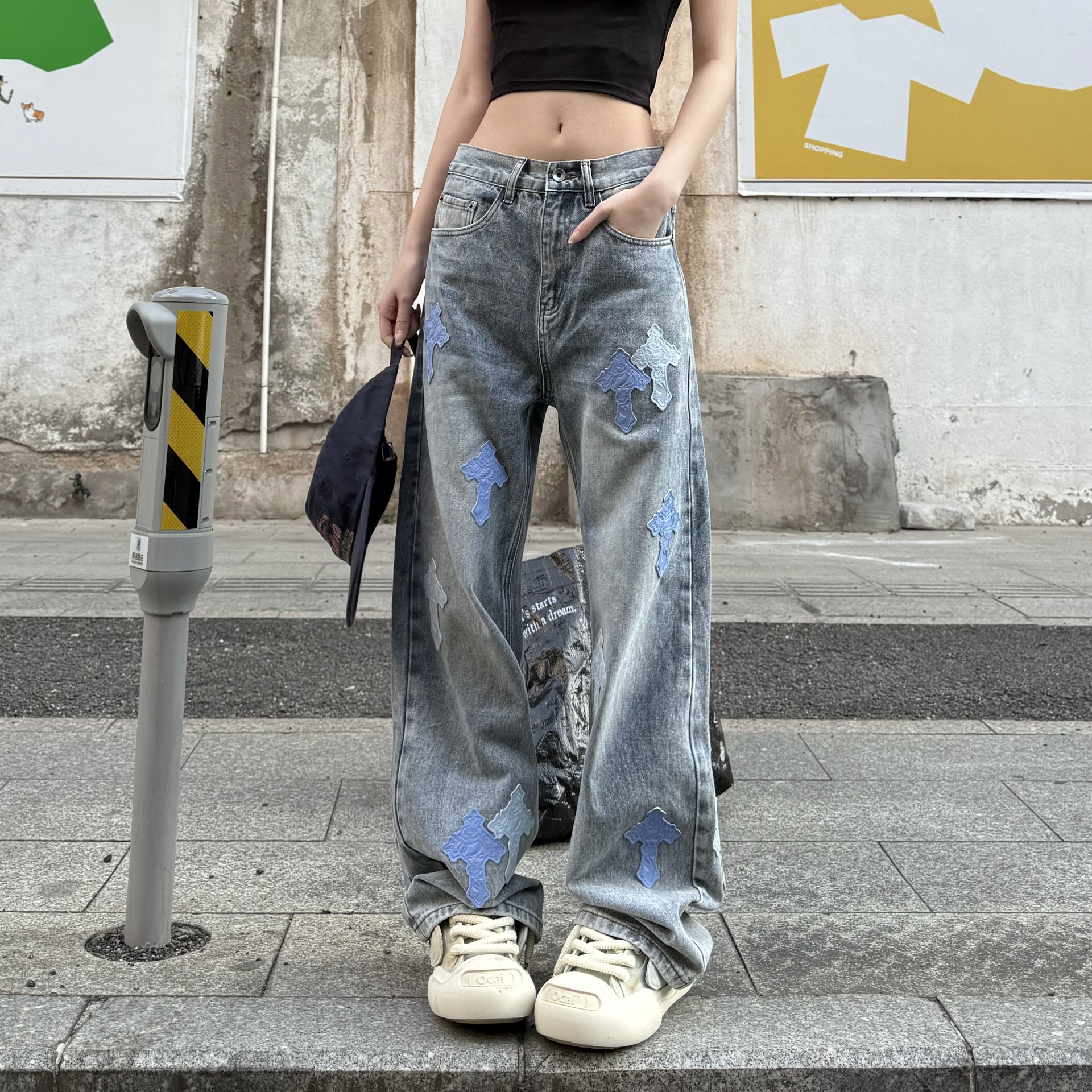Men's Straight Leg Wide Leg Jeans, Low Waist Cotton Denim Pants for Spring
