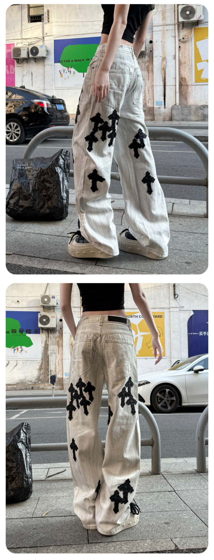 Men's Straight Leg Wide Leg Jeans, Low Waist Cotton Denim Pants for Spring