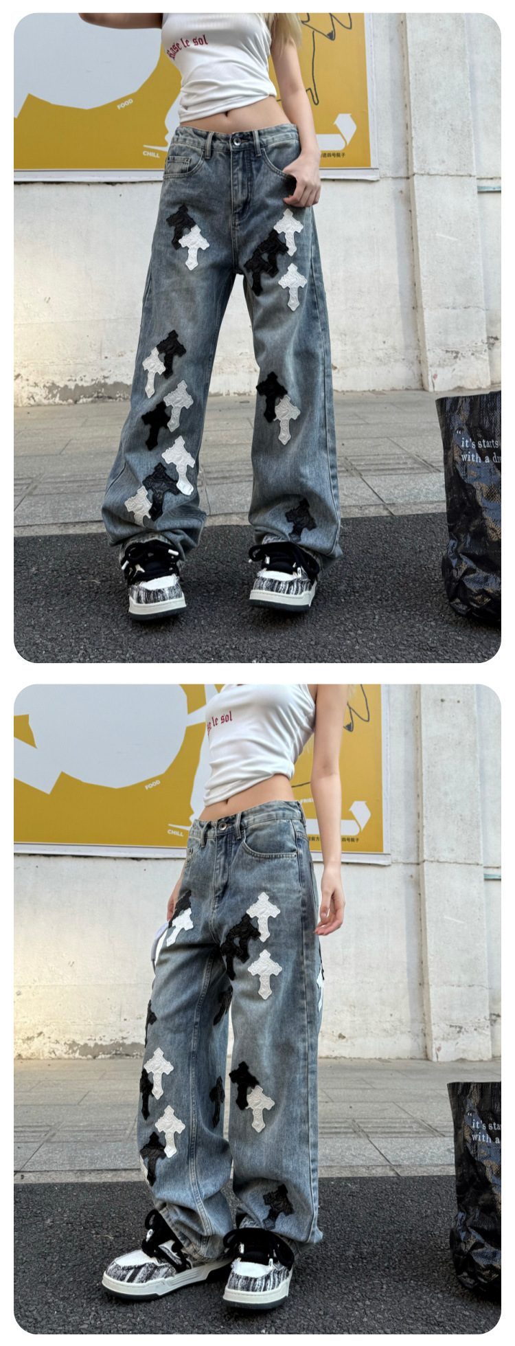 Men's Straight Leg Wide Leg Jeans, Low Waist Cotton Denim Pants for Spring