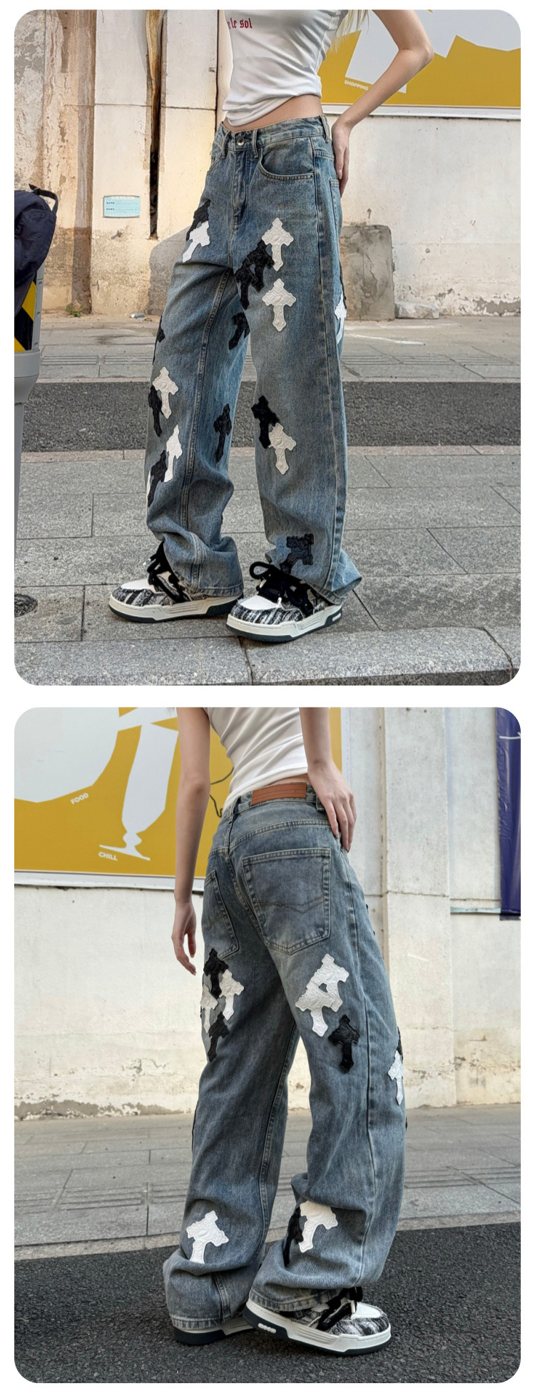 Men's Straight Leg Wide Leg Jeans, Low Waist Cotton Denim Pants for Spring