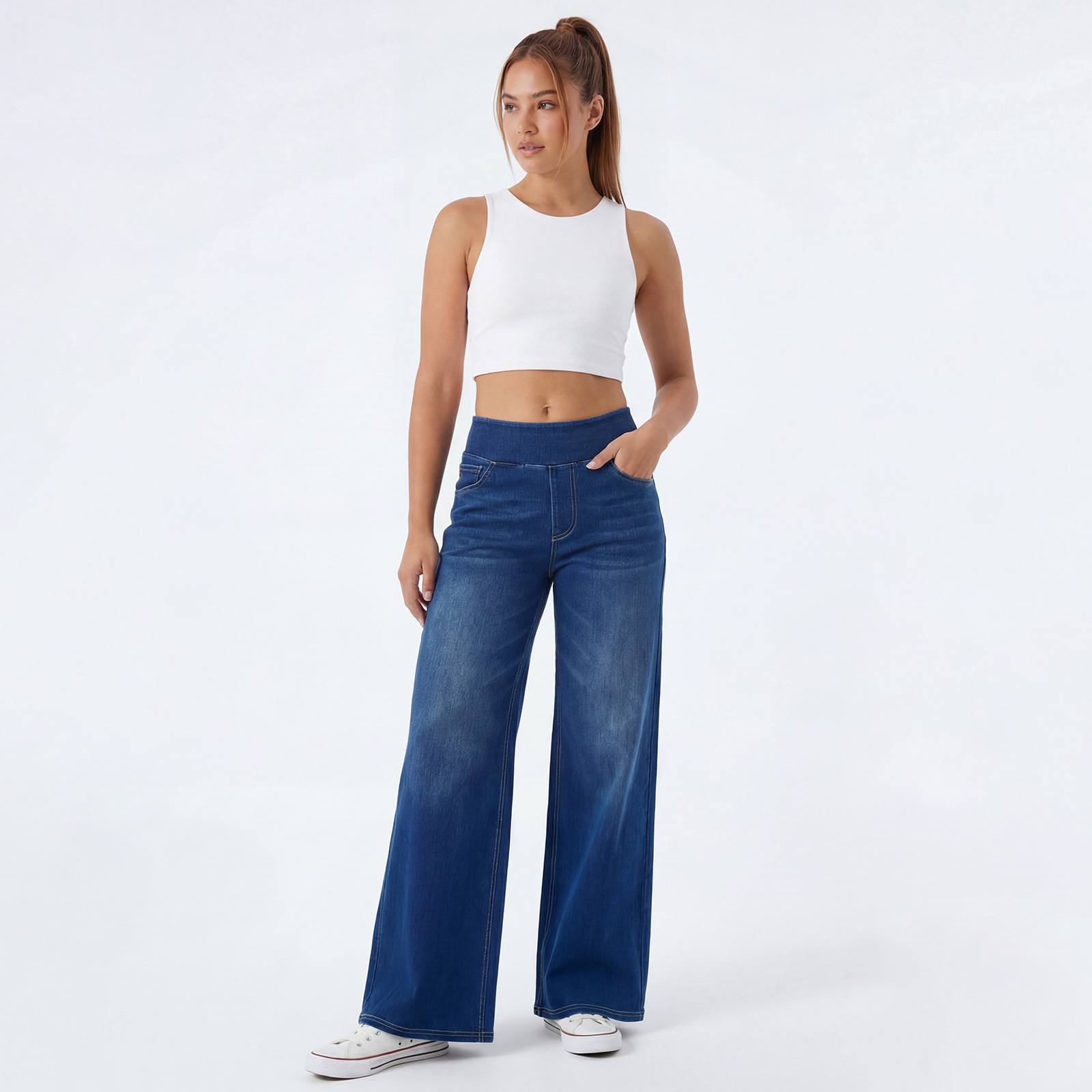 Women High Waist Wide Leg Jeans, Washed Stretch Straight Denim Pants, Loose Fit